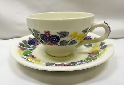Buy George Jones & Sons England Devon Footed Cup & Saucer Purple Yellow Green Fruit • 21.35£
