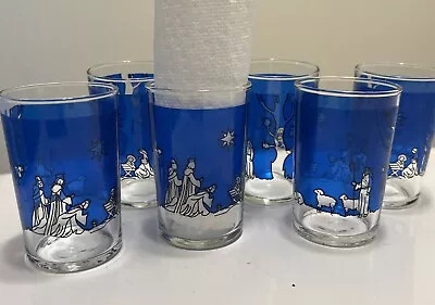 Buy Vintage Libbey Style Cobalt Blue Christmas Nativity Set Of 6 Drink Glasses • 45.60£
