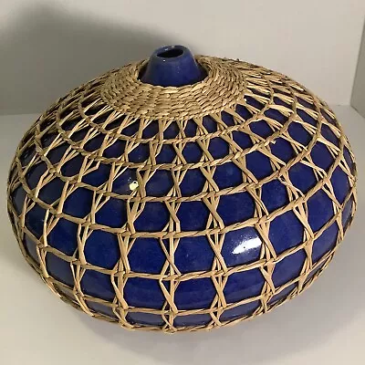Buy Vintage Sea Grass Rattan Wrapped Cobalt Blue Handcrafted Earthenware 12” Vase • 176.73£