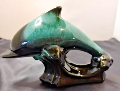 Buy Blue Mountain Pottery Dolphin Figurine Green To Black Drip Glaze Vintage 6.5 In • 10.54£