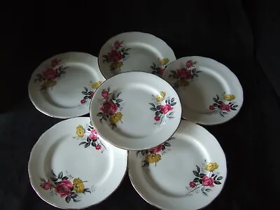 Buy 6 X  Vintage Royal Vale Bone China Pink & Yellow Roses Design Tea Side Plates • 8.99£