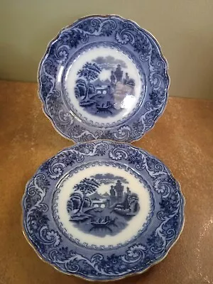 Buy Pair Of Antique 1901, James Kent Longton, JKL, 21.5cm Flow Blue Plates 'Rhine' • 9.95£