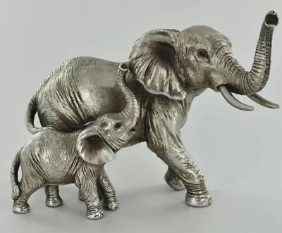 Buy Mother & Baby Elephant Ornament Statue Sculpture Antique Silver African Animals • 22.85£