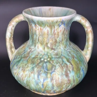 Buy Vintage Pottery Vase W/ Raised Flowers Marbled Glaze 2 Handled. Green Blue • 42.05£