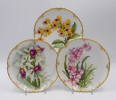 Buy 3 Hand Painted French Limoges Orchid Plates - Circa 1920 • 264.14£