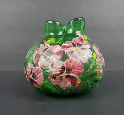 Buy Hand Blown Green Crackle Glass Pinched 4.25  Vase Hand Painted Pansy Flowers EUC • 15.36£