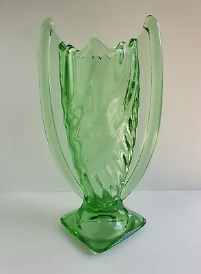 Buy 1930s Huta Hortensja Poland Deco Stripes Green Uranium Glass Vase  • 60£
