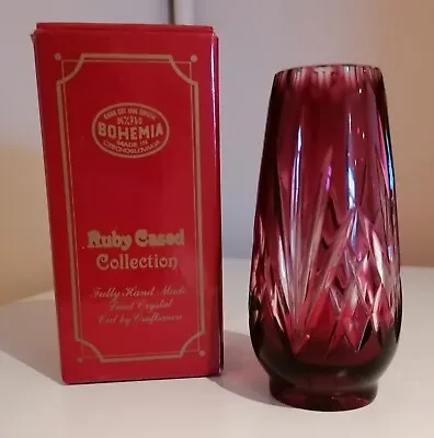 Buy Vintage Bohemia Ruby Cased Collection Lead Cut Crystal Czechoslovakia Ruby Vase • 10£