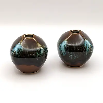 Buy VTG Japanese Bud Vase Set Of 2 Miniature Pottery Drip Glaze Brown Turquoise • 19.17£