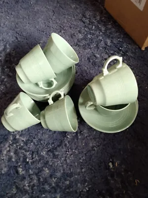 Buy Vintage Wood's Ware Beryl-green Tea Cups And Saucers X 6 Vgc • 26£