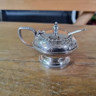 Buy Vintage Silver Plated Hand Engraved Small Mustard Pot Blue Glass Liner & Spoon • 13.50£