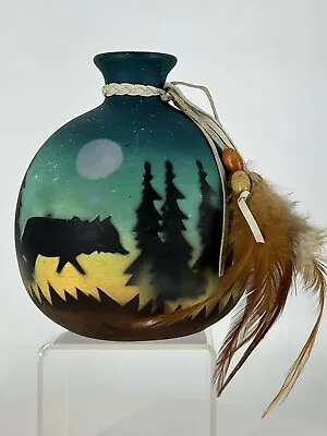 Buy Moon Bear Pottery Native American Style Pot W/Turkey Feathers Hand Painted 6”tal • 28.89£