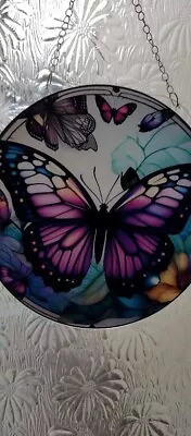 Buy Butterfly  Purple Shades Stained Glass Effect Sun Catcher Roundel New • 2.50£
