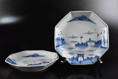 Buy F8751: Japanese Old Imari-ware Blue&White Landscape Person PLATE/dish 2pcs, • 23.57£