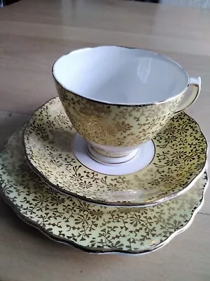 Buy Colclough Bone China Trio (Teacup, Saucer, Sideplate) Gold On Yellow Fluted Edge • 7.50£