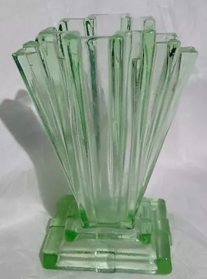 Buy Bagley #334 Art Deco 6  Clear Green Glass 'Grantham' Vase • 55£