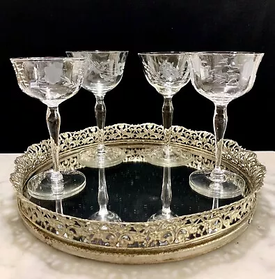 Buy Vintage Cocktail Glasses 1950s Crystal Etched Nick & Nora Martini Coupes Set 4 • 40.54£