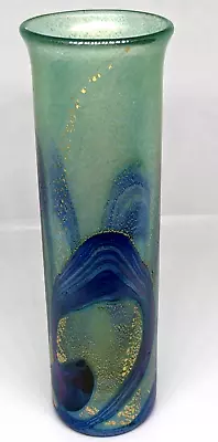 Buy Vtg Isle Of Wight Blue Green Michael Harris Cylinder Golden Peacock Glass Vase • 29.99£