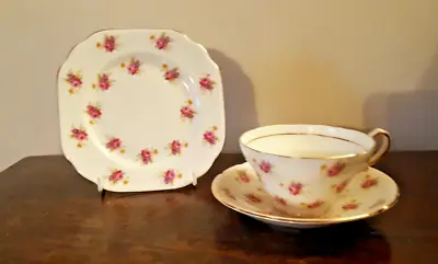 Buy Very Pretty Vintage Stanley  Bone China Pink Posy Design Trio With Gilded Edges • 7.50£