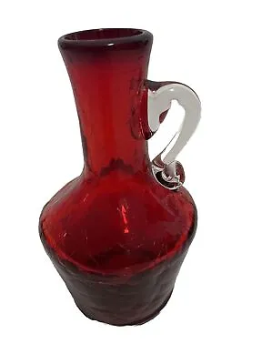 Buy Ruby Red Crackle Glass Pitcher  Clear Handle 5  Vintage • 5.67£