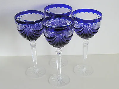 Buy BOHEMIAN COBALT CASED CUT TO CLEAR CRYSTAL WINE GOBLETS Set Of 4 • 279.76£