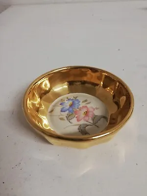 Buy Prinknash Pottery Trinket Dish Gold Lustre Ware Pin Dish Blue And Pink Flowers • 9.99£