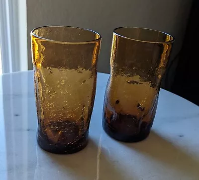Buy 2 Vintage Blenko 16 Oz. Drinking Glasses Crackle Dimpled Pinched Honey Amber MCM • 40.61£