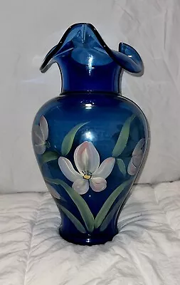 Buy Vintage Gorgeous Fenton X Large Cobalt Blue Glass Vase Hand Painted 15” Floral • 179.24£