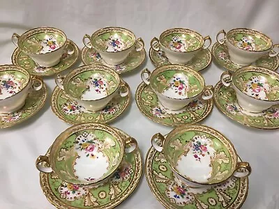 Buy (10) Cauldon China Green CREAM SOUP CUP & LINERS W/Roses & Gold Filigree T2980 • 469.44£