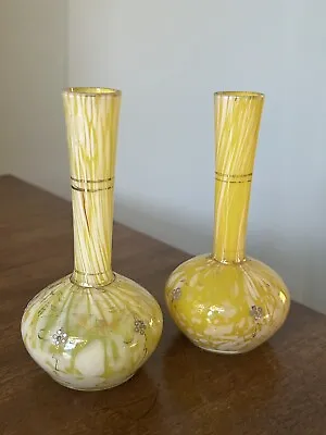 Buy Pair Of ANTIQUE BOHEMIAN WELZ Yellow Enamelled Spatter Glass Vases 14cm Czech • 10£