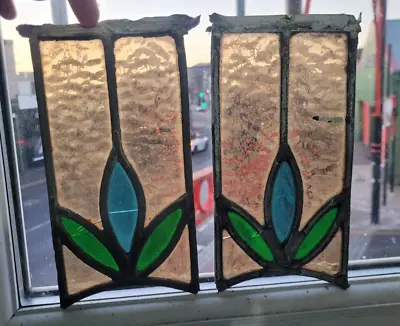Buy 2  Stained Glass Panels Window/Flowers/Antique ~ Spares Or Repair 11cmx22cm Lead • 40£