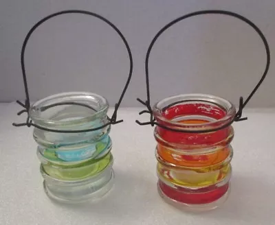 Buy Set 2 Coloured Glass Hanging Tea Light Holders Candle Jar Lantern Wedding Decor • 9.99£