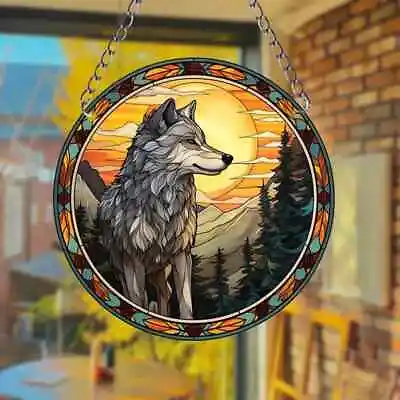 Buy Mountain Wolf Design Suncatcher Stained Glass Effect Home Decor Christmas Gift • 6.95£