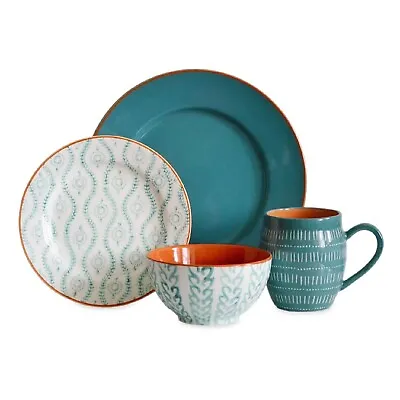 Buy Dinnerware Set Turquoise White Plate Bowl Mug Round Stoneware 16 Piece Dinner • 75.86£