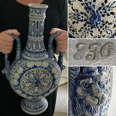 Buy Lge Amphora 336 Westerwald Lion Moon Vase Blue On Grey Salt Glaze Antique 19.75” • 425£