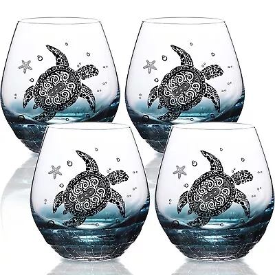 Buy Sea Turtle Wine Glasses Set 4 - Crackle Teal Design, Hand Blown Tortoise Wine... • 76.72£