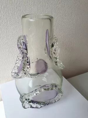 Buy Vintage Heavy Glass Murano Cased Vase Lilac Clear Frill Detail Unusual 26cm Tall • 60£