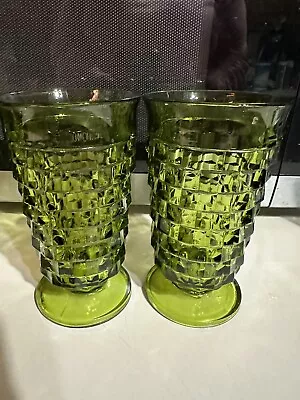 Buy Vtg Indiana Glass Avocado Green Whitehall Cube Cubist 2 Iced Tea Footed 6” • 22.77£