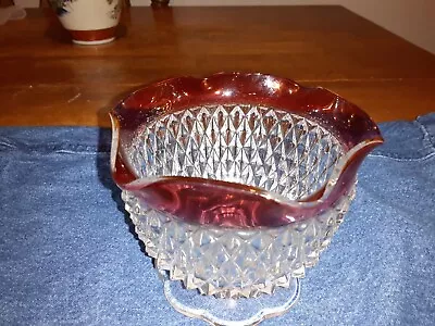 Buy Vintage Indiana Glass Ruby Red Flash Diamond Point Candle Bowl Scalloped Edges  • 13.45£