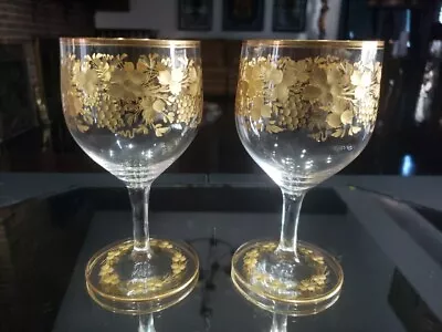 Buy (2) Water Goblets Wine Glass Antique Bohemian Moser Cut Engraved Grape Gold Gilt • 179.93£
