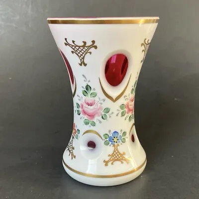 Buy Czech Bohemian Cased White Glass Cut To Cranberry Vase Hand Painted Gold 4.75 In • 28.44£