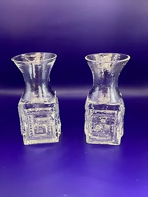 Buy Pair Of Dartington Textured Clear Glass Vases, Frank Thrower, Greek Key Design • 20£