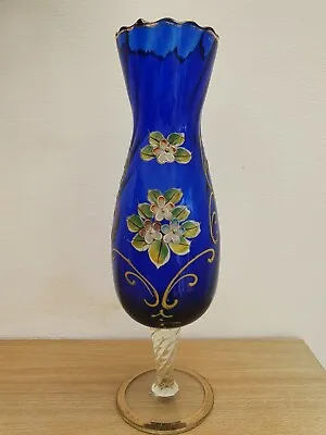 Buy Vintage Bohemien Cobalt Blue Glass Vase ,handpainted Floral Design • 4.99£