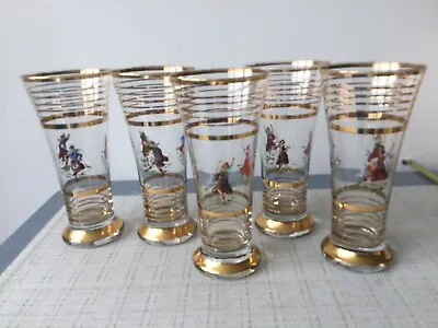 Buy Vintage Set Of Five Tall Glass Tumbler Gold Stripe Scottish Dancers Men/women • 15£