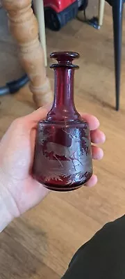 Buy  Small Antique Bohemian Etched  Deer Wildlife Cranberry Glass Decanter & Stopper • 25£
