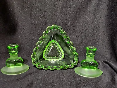 Buy Vintage Art Deco Green Glass Candlesticks And Candy Bowl • 18£