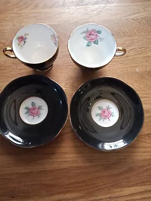 Buy 2 X Adderley Lawley Bone China Vintage Cups & Saucers In Black Clearance Lot • 10.95£