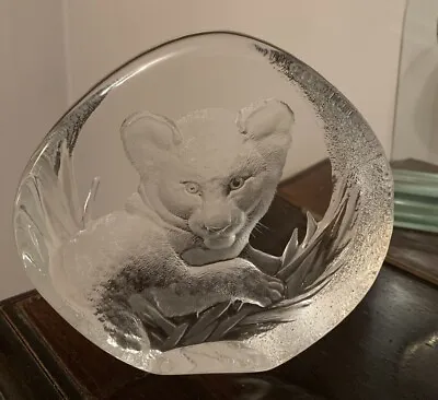 Buy Mats Jonasson Sweden Lion Cub Etched  Paperweight Signed Number 3376 • 14.99£