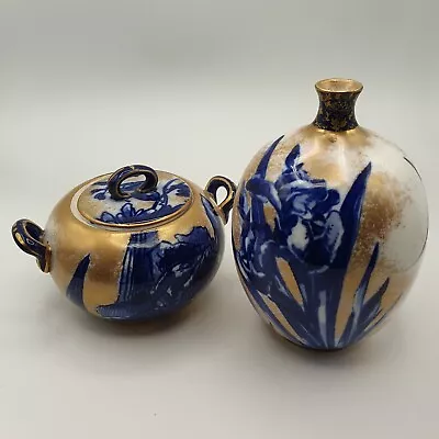 Buy Royal Doulton Blue Iris And Gold Gilded Vase And Lidded Pot (Two Items) • 5£