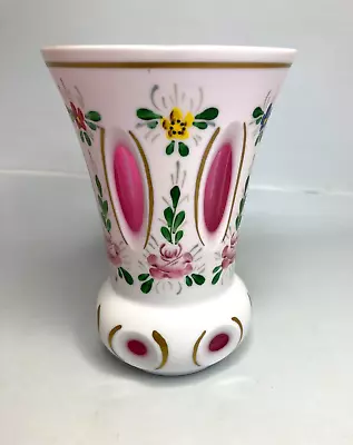 Buy Moser Bohemian Art Cut Glass White On Pink Hand Painted Coated Vase - 12cm Tall • 4£